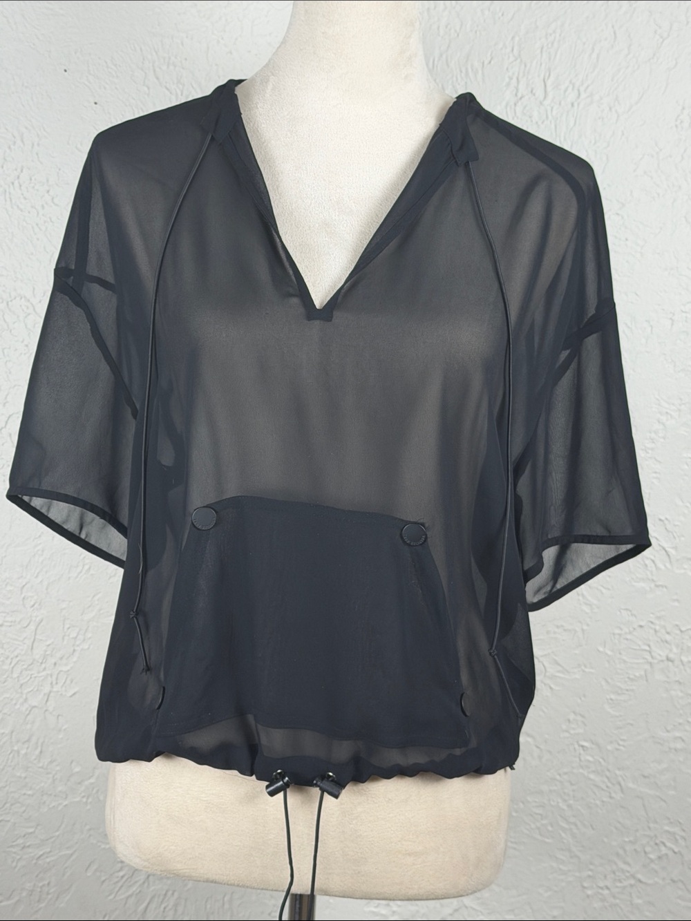True Religion Sheer Black V-Neck Drawcord Pullover size small